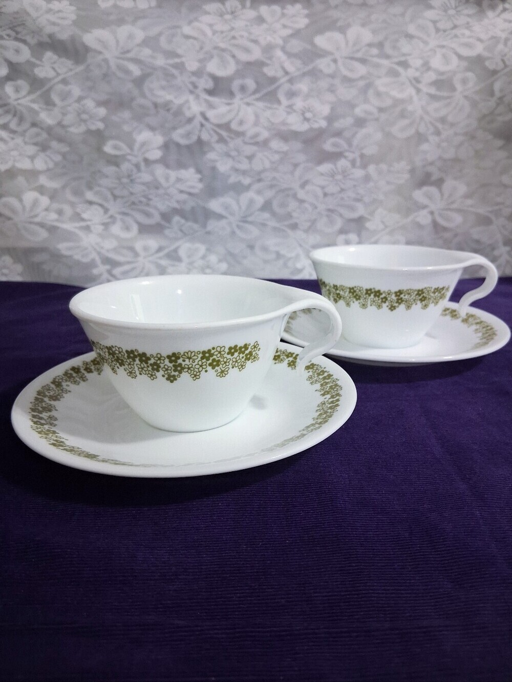 Vintage Corelle Spring Blossom Crazy Daisy Teacup & Saucer Sets Green Pair - Picture 3 of 7